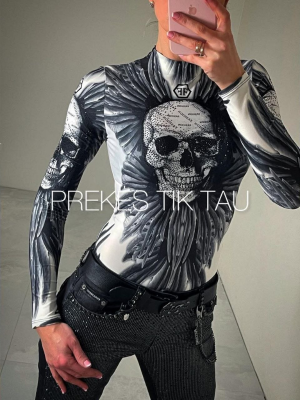 Juodas bodis su kaukolės motyvu ir blizgučiais