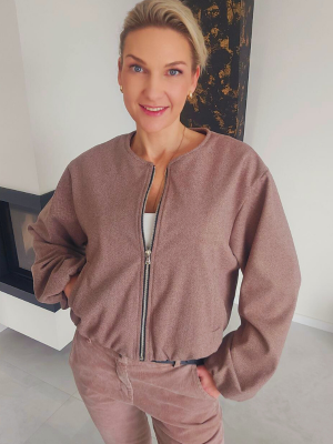 Šiltas rudos spalvos bomberis su užtrauktuku moterims