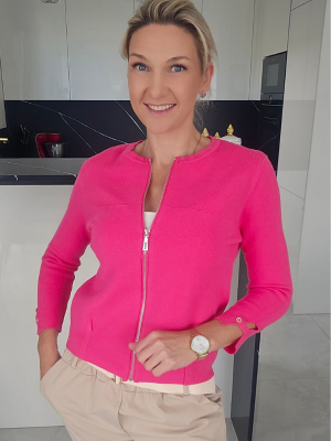 Fuksijos spalvos megztinis su užtrauktuku moterims