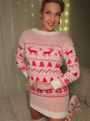 Kalėdinis megztukas–tunika su elnių raštu