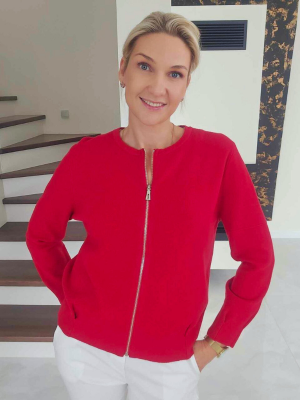 Raudonas megztinis su užtrauktuku moterims