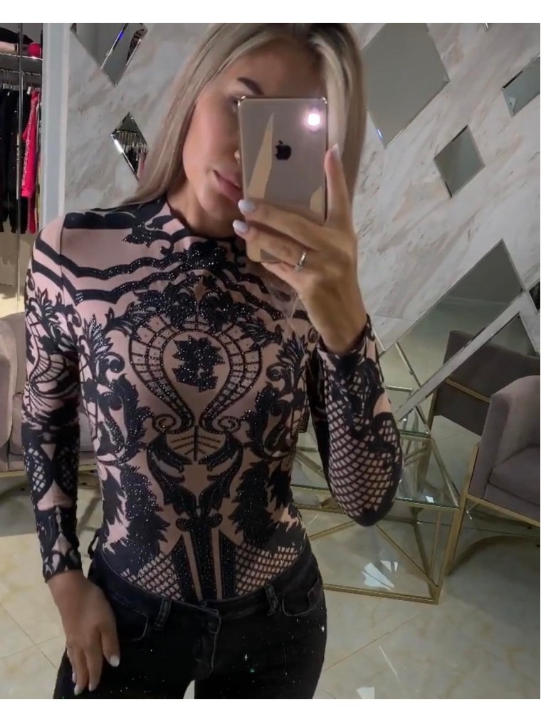 Turkiškas kūno spalvos bodis su juodais blizgučiais raštais